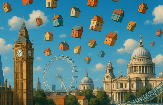 A surreal image of houses falling out of a blue sky over the London skyline