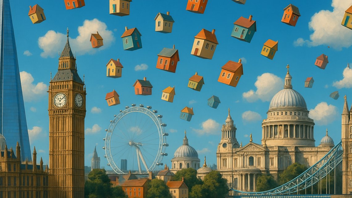 A surreal image of houses falling out of a blue sky over the London skyline
