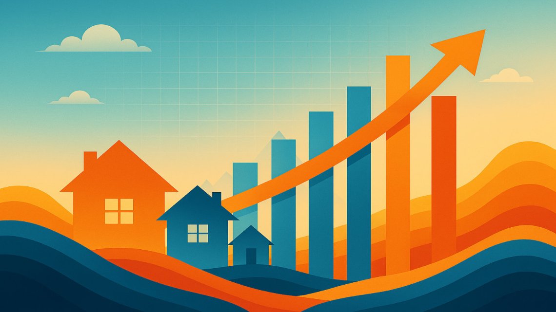 An abstract economic landscape featuring stylised house icons set among flowing layered shapes in warm and cool tones. Rising bar charts and an upward trend arrow symbolise stabilising market conditions, modest house?price growth, and shifting dynamics in the UK housing sector.