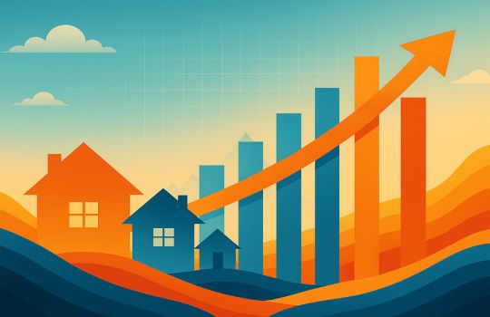 An abstract economic landscape featuring stylised house icons set among flowing layered shapes in warm and cool tones. Rising bar charts and an upward trend arrow symbolise stabilising market conditions, modest house?price growth, and shifting dynamics in the UK housing sector.