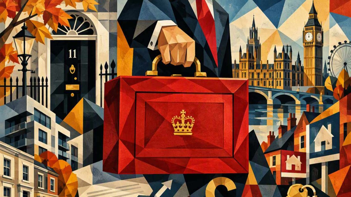 Cubist-style landscape illustration featuring the Chancellor's iconic red Budget box at the centre of the composition, surrounded by geometric interpretations of 11 Downing Street, the Palace of Westminster, Big Ben, London residential property, house keys, financial charts and pound symbols. Autumn colours of red, gold and orange create a striking visual representing the relationship between government policy, housing and the London property market.