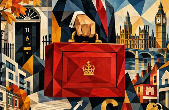 Cubist-style landscape illustration featuring the Chancellor's iconic red Budget box at the centre of the composition, surrounded by geometric interpretations of 11 Downing Street, the Palace of Westminster, Big Ben, London residential property, house keys, financial charts and pound symbols. Autumn colours of red, gold and orange create a striking visual representing the relationship between government policy, housing and the London property market.