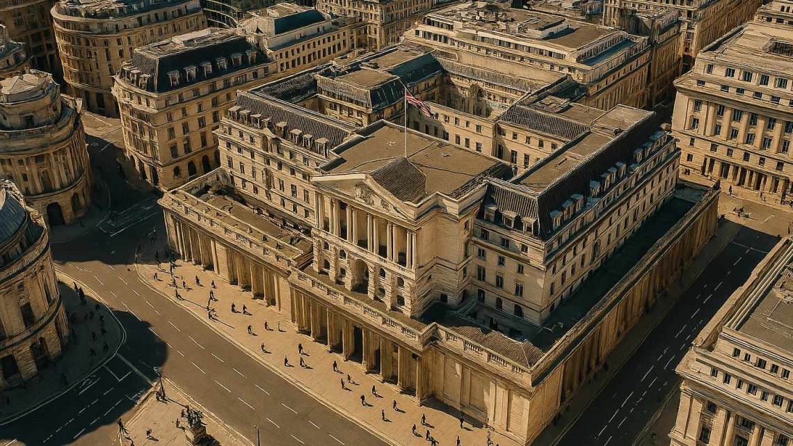 Aerial view of the Bank of England and surrounding City of London architecture, showing historic buildings, streets, and urban activity from above.