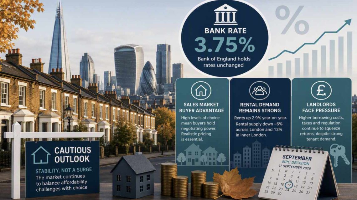 Illustration of London's housing market following a Bank of England decision to hold Bank Rate at 3.75%. The image features a London skyline, terraced houses, property market graphics and panels highlighting buyer advantage, resilient rental demand and continued pressure on landlords.