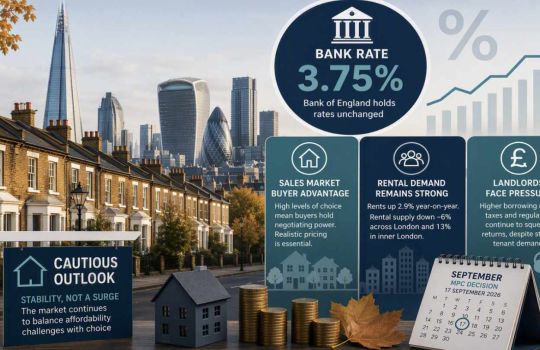Illustration of London's housing market following a Bank of England decision to hold Bank Rate at 3.75%. The image features a London skyline, terraced houses, property market graphics and panels highlighting buyer advantage, resilient rental demand and continued pressure on landlords.