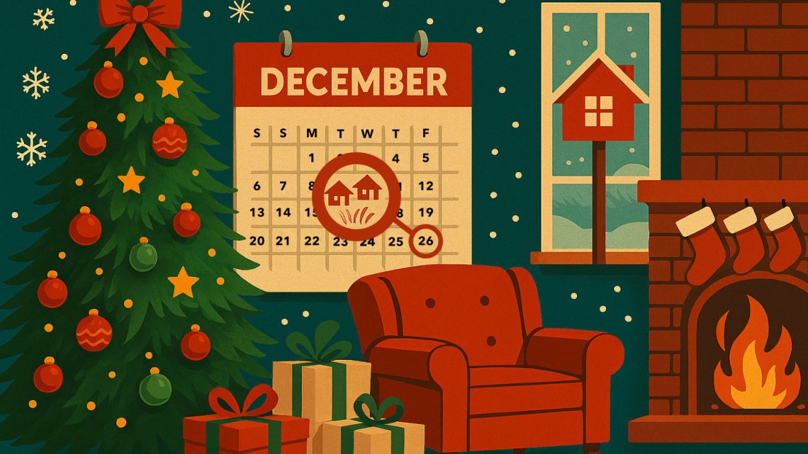 Illustration of a cosy living room at Christmas, with a roaring fire, Christmas tree, presents and a calendar with the date 26th December highlighted