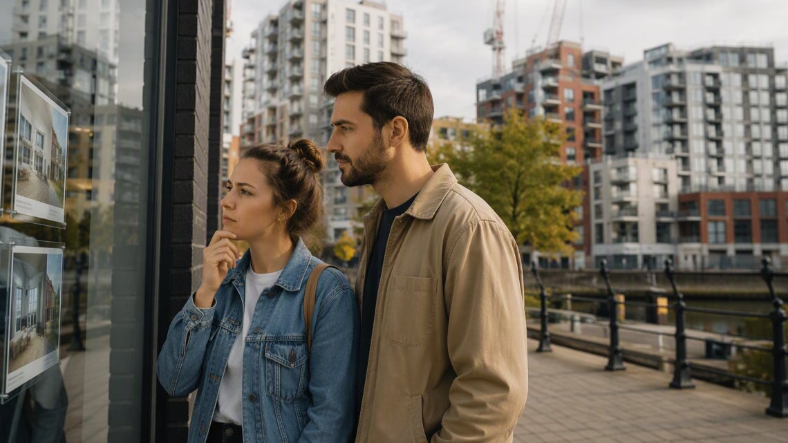 image of two people looking in an estate agent's window.