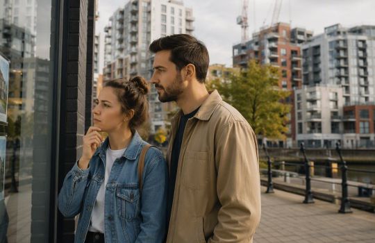 image of two people looking in an estate agent's window.
