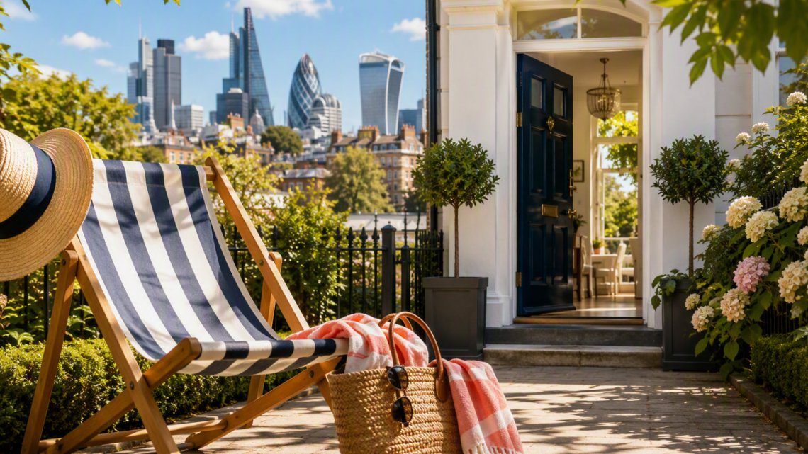 A sunlit London townhouse stands ready for sale on a warm summer day, with an inviting open front door, manicured garden and stylish outdoor seating in the foreground. A striped deckchair, sun hat and woven beach bag evoke the relaxed pace of the holiday season, while London's iconic skyline rises in the background. The image captures the article's theme of using the quieter summer months to prepare a property for a successful autumn sale, blending lifestyle, aspiration and urban living in a bright, welcoming scene.