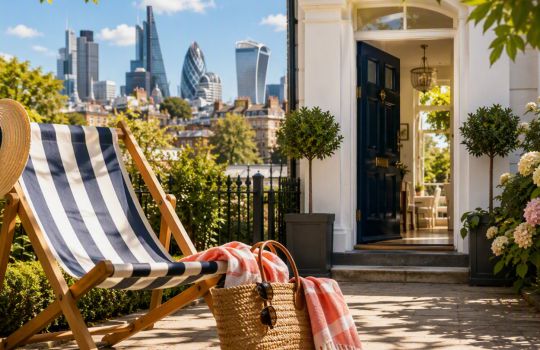 A sunlit London townhouse stands ready for sale on a warm summer day, with an inviting open front door, manicured garden and stylish outdoor seating in the foreground. A striped deckchair, sun hat and woven beach bag evoke the relaxed pace of the holiday season, while London's iconic skyline rises in the background. The image captures the article's theme of using the quieter summer months to prepare a property for a successful autumn sale, blending lifestyle, aspiration and urban living in a bright, welcoming scene.