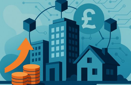 Illustration of modern property investment with digital connectivity: a tall office building and a house linked by blockchain-style cubes, a dollar symbol, circuit-like network lines in the background, and an upward orange arrow beside stacked coins, symbolising growth and tokenisation.