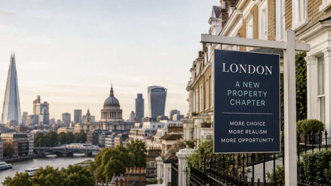 Estate agent-style property board displaying the text “London: A New Property Chapter” outside a row of elegant London townhouses, with the River Thames, St Paul’s Cathedral, The Shard and the City of London skyline visible in the background at sunset.