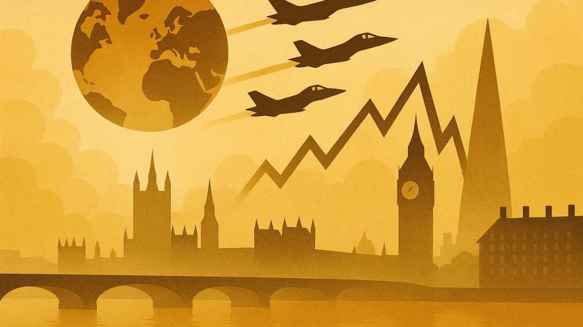 A minimalist, surreal illustration of London’s skyline featuring subtle geometric forms inspired by global conflict and market movements. A stylised globe and abstract arrows symbolise geopolitical tension, while simplified silhouettes of Big Ben, the Shard and Westminster merge into a warm, atmospheric gradient.