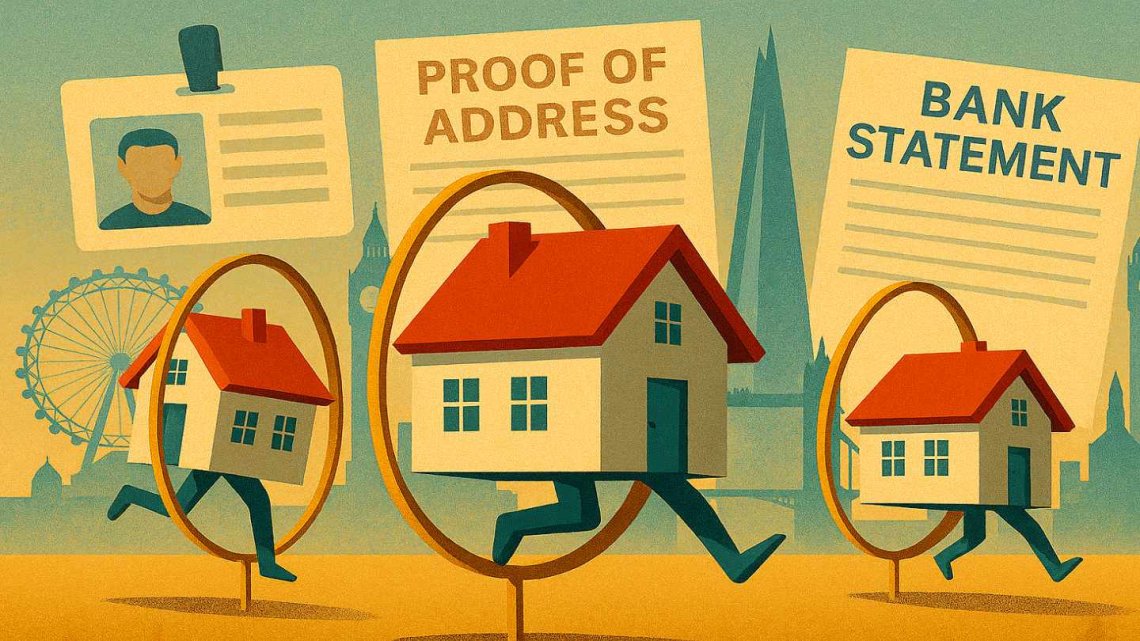 Illustration depicting houses jumping through hoops with an id badge, proof of address form and bank statement document and silhouettes of London Landmarks (The London Eye, Big Ben, The Shard) in the background