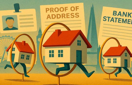 Illustration depicting houses jumping through hoops with an id badge, proof of address form and bank statement document and silhouettes of London Landmarks (The London Eye, Big Ben, The Shard) in the background