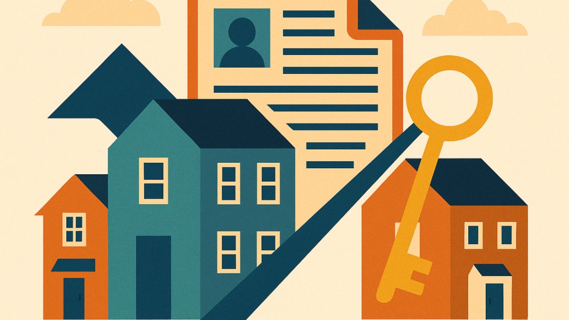 Abstract illustration featuring stylised houses, a large key, and a document icon with simple geometric shapes and bold colours, symbolising changes in rental laws and tenancy rules.