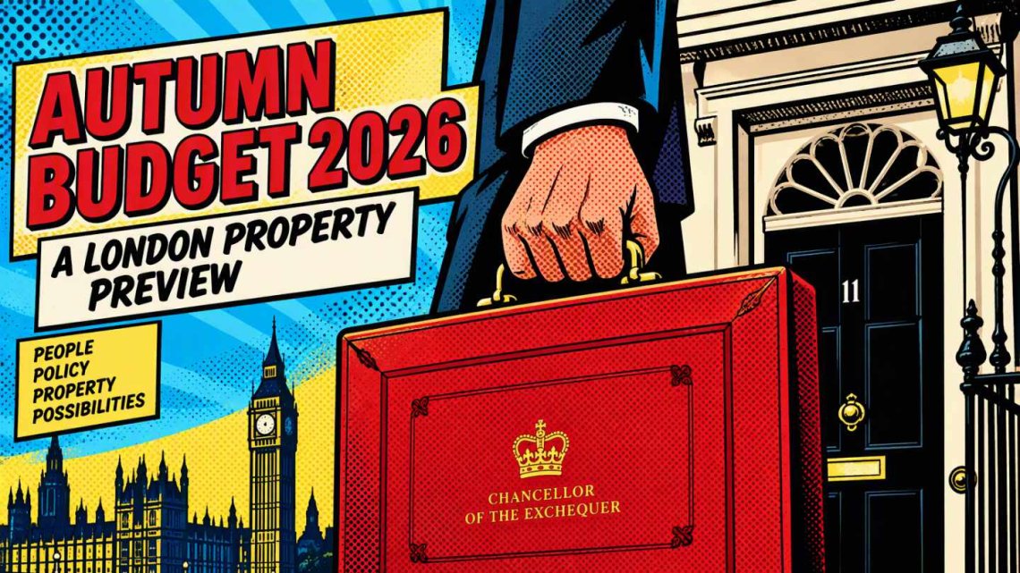 Pop art-style illustration for an Autumn Budget 2026 property article, featuring the Chancellor's iconic red Budget box in the foreground, the entrance to 11 Downing Street, and the London skyline including the Houses of Parliament and Big Ben. Bold comic-book colours and graphic design elements convey themes of politics, housing policy and the London property market