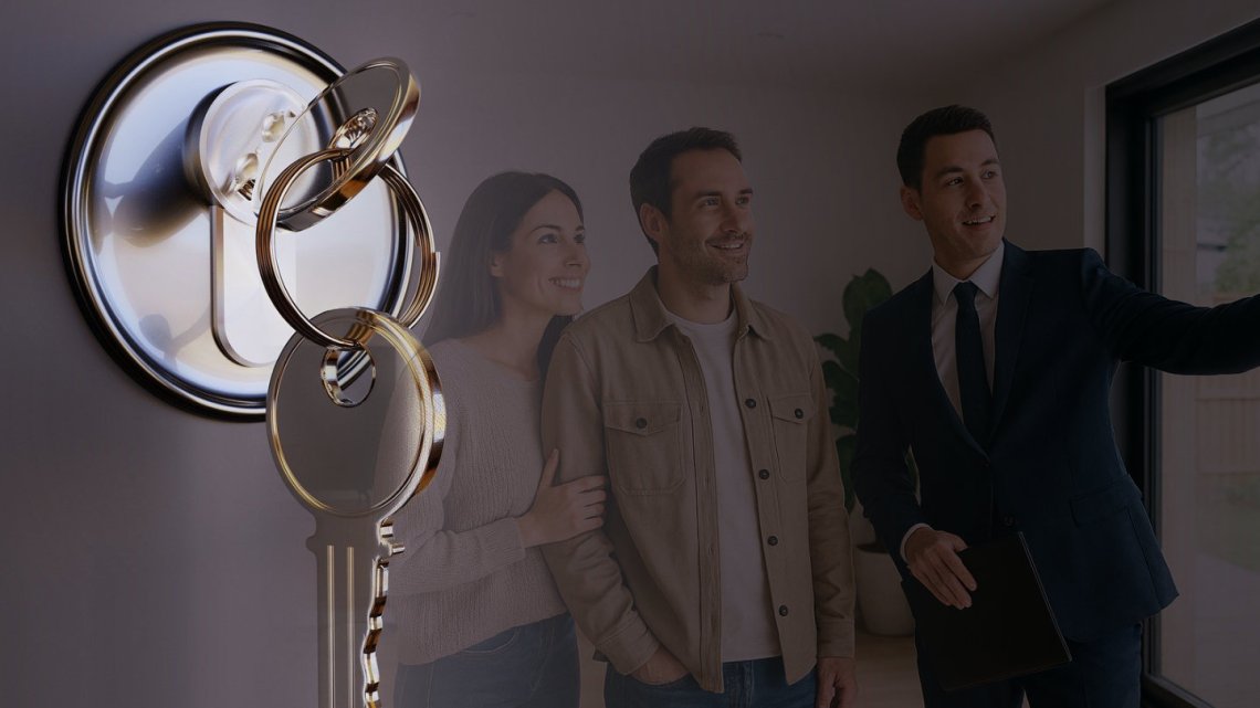Image of a key in a door and an estate agent on a viewing with a couple