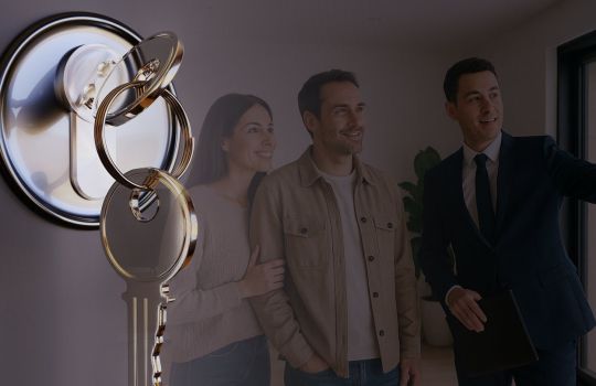Image of a key in a door and an estate agent on a viewing with a couple