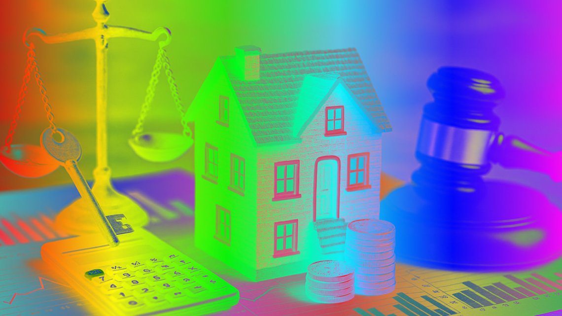 Ai Image of a House with a calculator, money, a gavel and scales