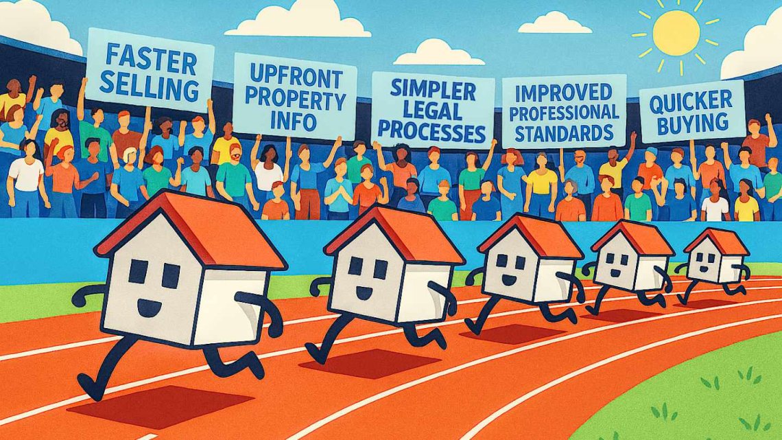Illustration featuring houses running fast around an athletics track with the crowd holding placards saying 