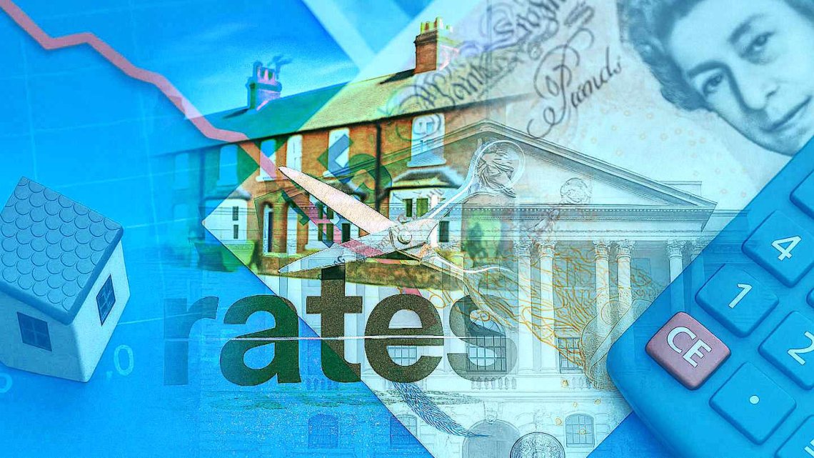 Montage Image of a row of houses, scissors cutting the word rates, a calculator and money