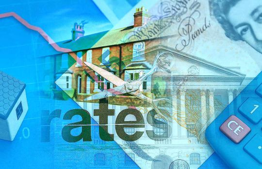 Montage Image of a row of houses, scissors cutting the word rates, a calculator and money