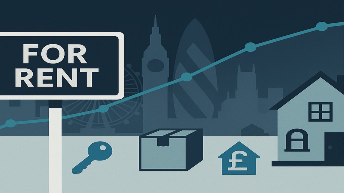 Image of a 'For Rent' sign with line graph ascending over a backdrop of London landmarks and a house