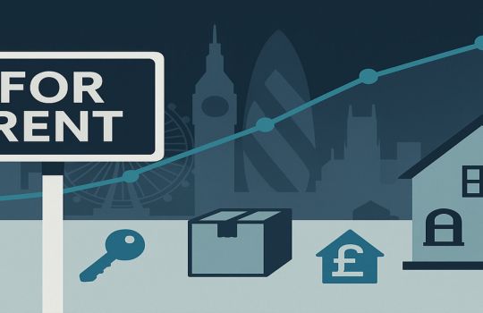 Image of a 'For Rent' sign with line graph ascending over a backdrop of London landmarks and a house