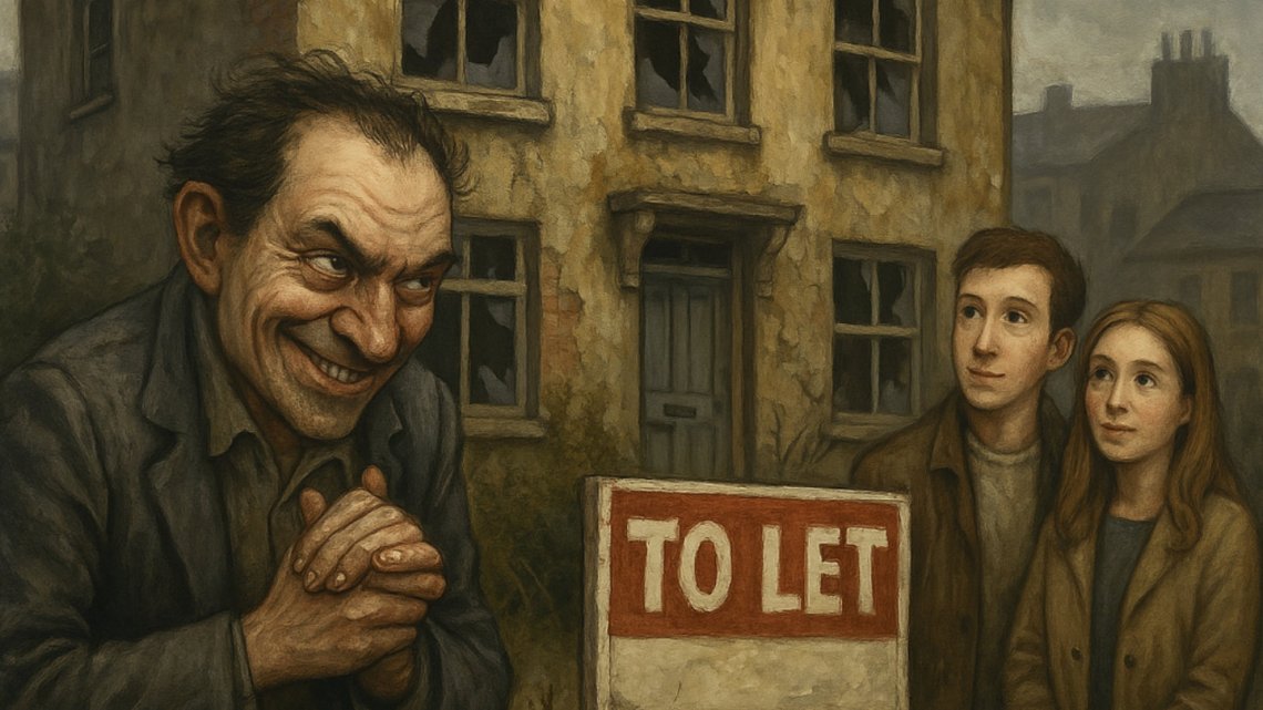 Illustration depicting a rogue landlord rubbing his hands together as a young couple view a delapidated house with a 'To Let' sign outside