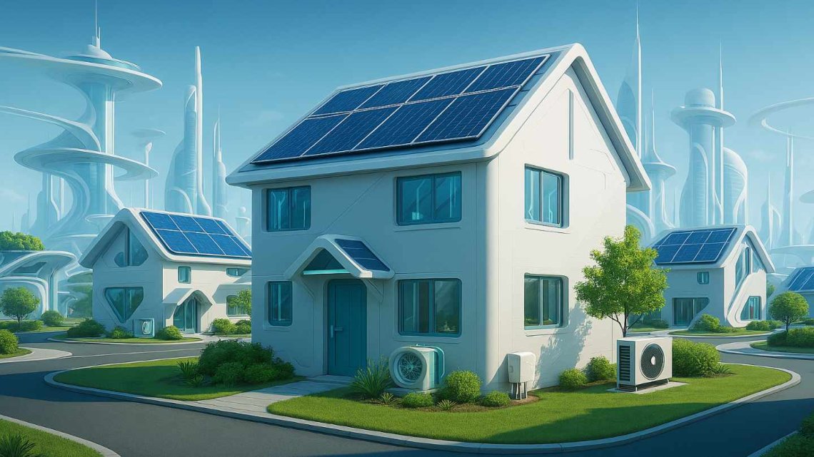 Ai image of a smart homes with a futuristic cityscape background