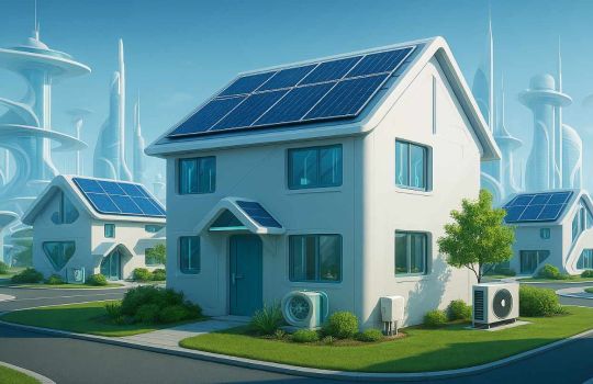 Ai image of a smart homes with a futuristic cityscape background