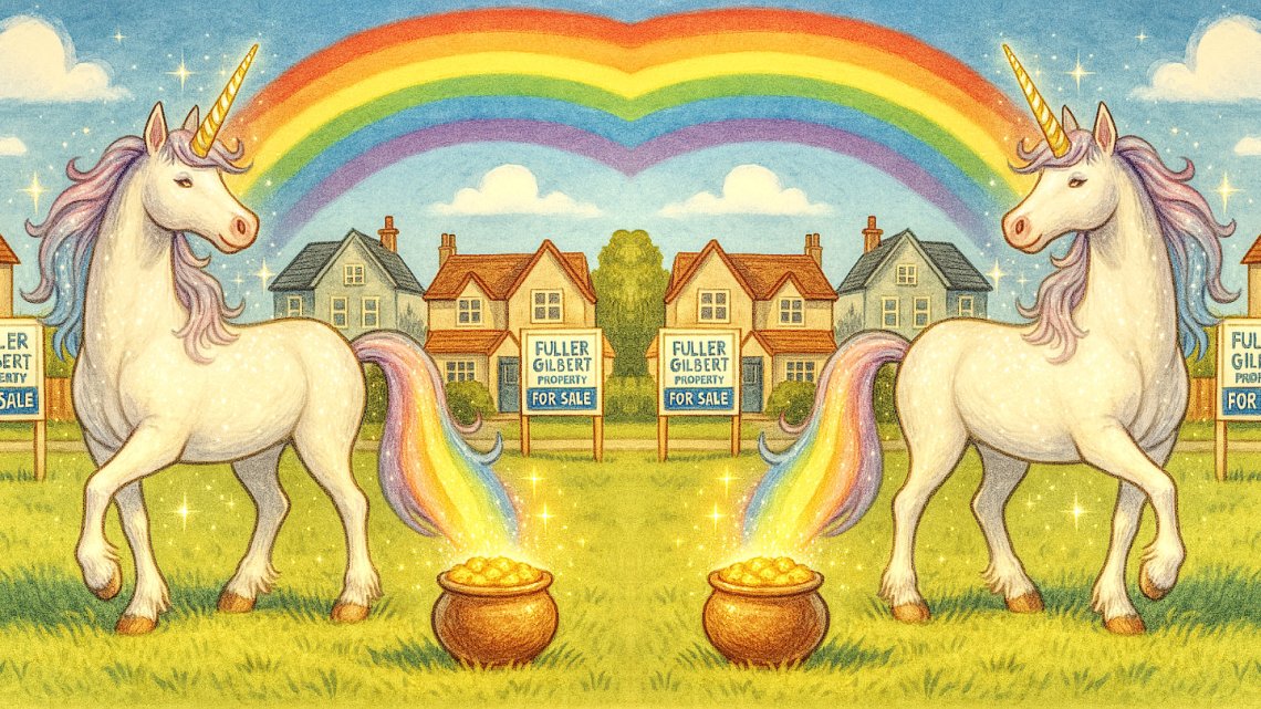 Image two unicorns standing on grass next to two pots of gold with Fuller Gilbert Property for sale boards outside a row of houses and a rainbow overhead in a blue sky