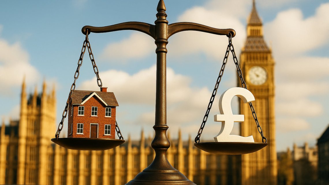 Ai image of scales weighing a house and money with the Houses of Parliament in the background