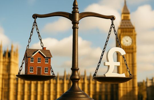 Ai image of scales weighing a house and money with the Houses of Parliament in the background
