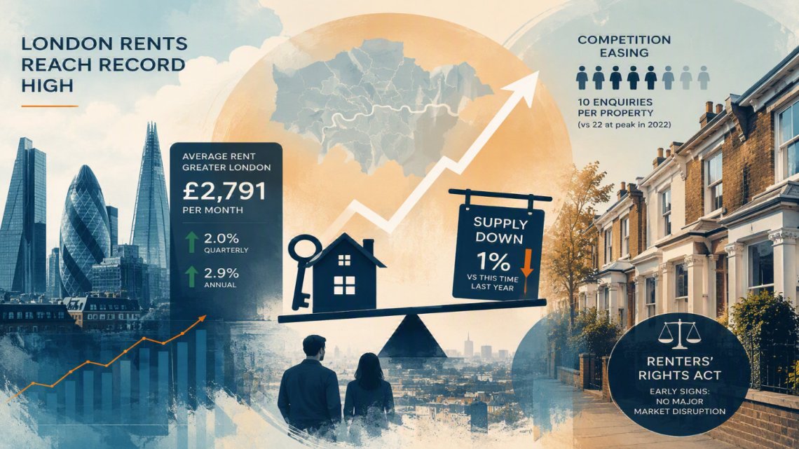 Abstract London property market graphic illustrating record rental prices, constrained housing supply and changing tenant demand across the capital.