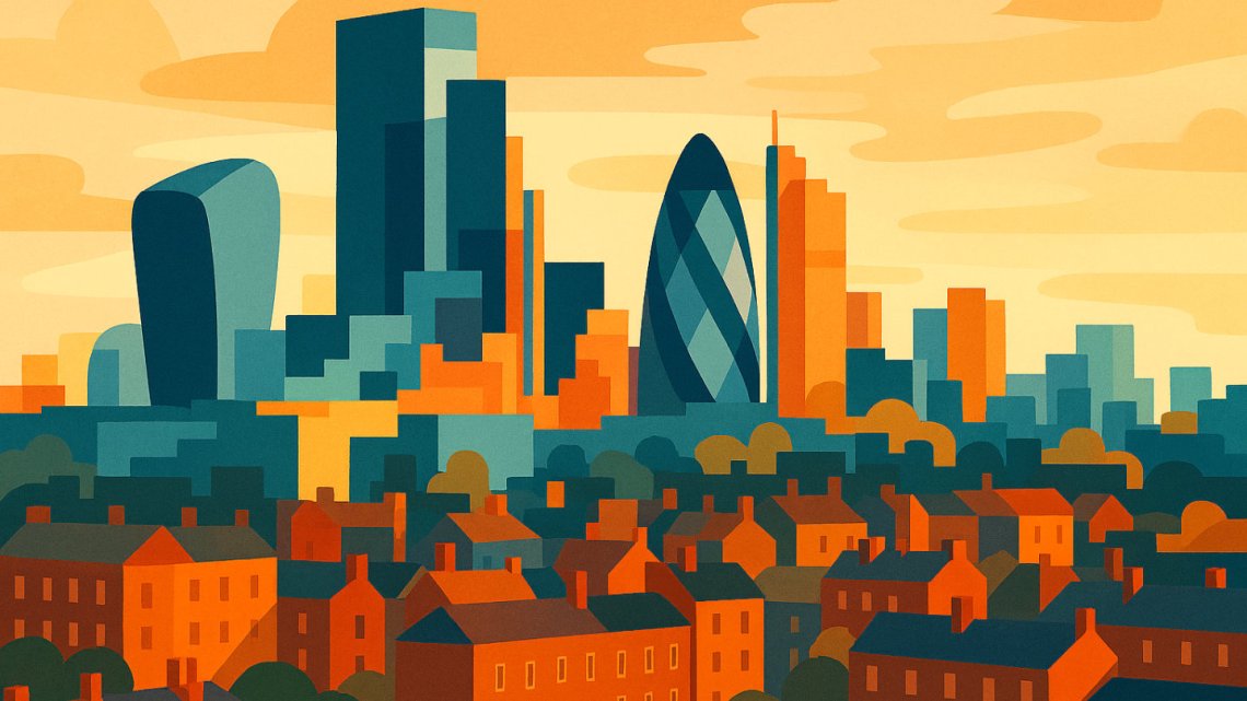 Abstract, modern-styled image featuring the London Skyline, incorporating iconic landmarks