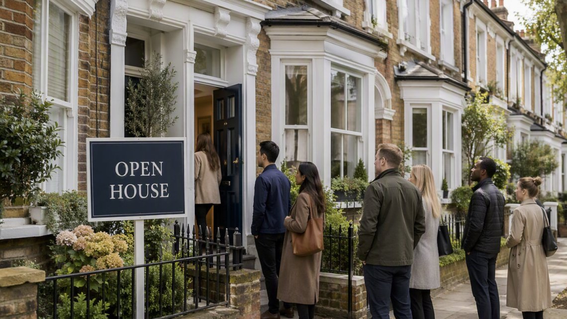 Property for sale with an 'open house' board outside and a queue of potential buyers waiting to enter
