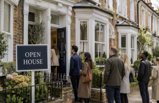 Property for sale with an 'open house' board outside and a queue of potential buyers waiting to enter
