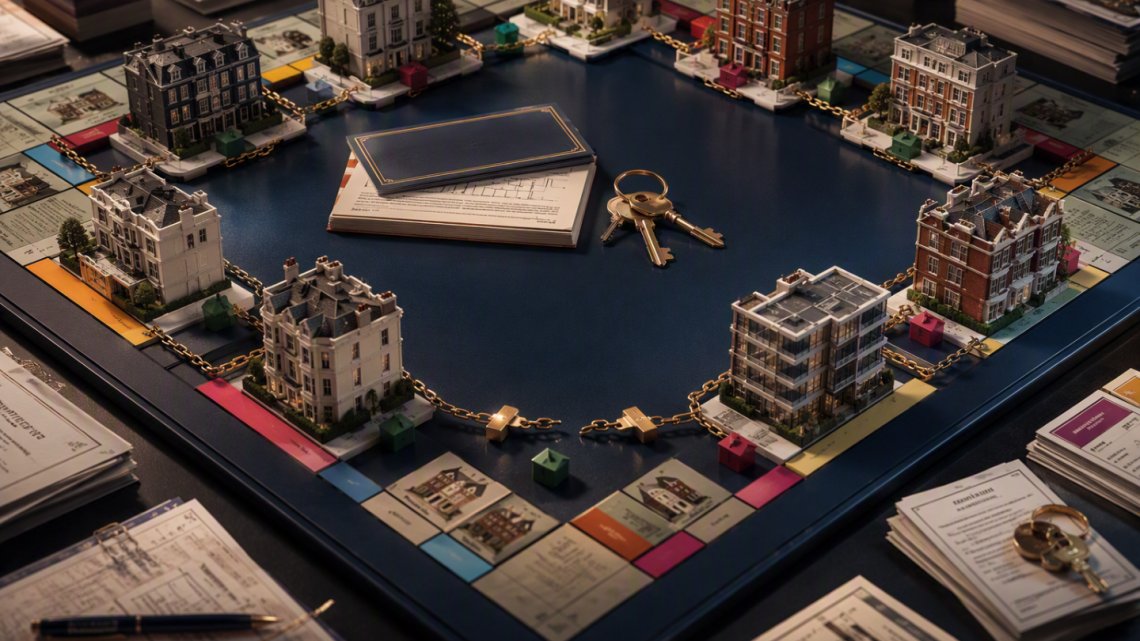 Luxury property-themed board game illustration showing London homes, title deeds, keys and a broken transaction chain representing the risks of a property chain.