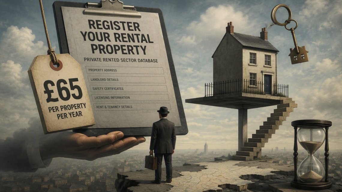 Surreal artwork showing a landlord facing a giant rental property registration form marked with a £65 annual fee, alongside a house on a raised platform, floating keys and an hourglass representing new compliance requirements for England's private rented sector.