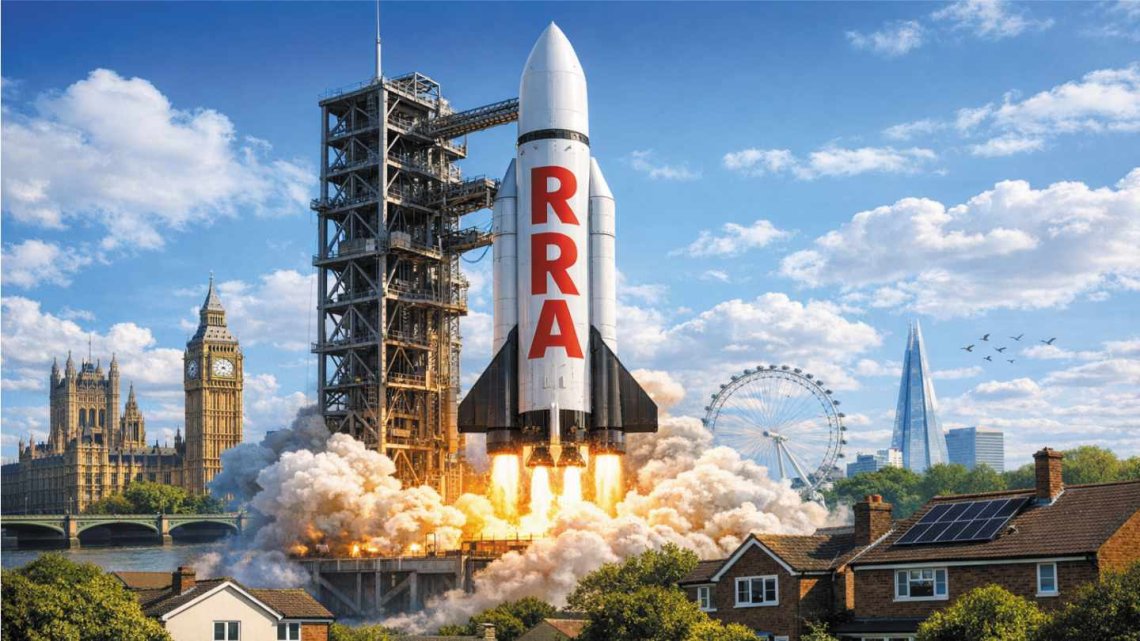 A white rocket branded “RRA” commences lift-off on a launchpad against a sunny London skyline, with Big Ben, the London Eye and housing symbolising the launch of the Renters’ Rights Act