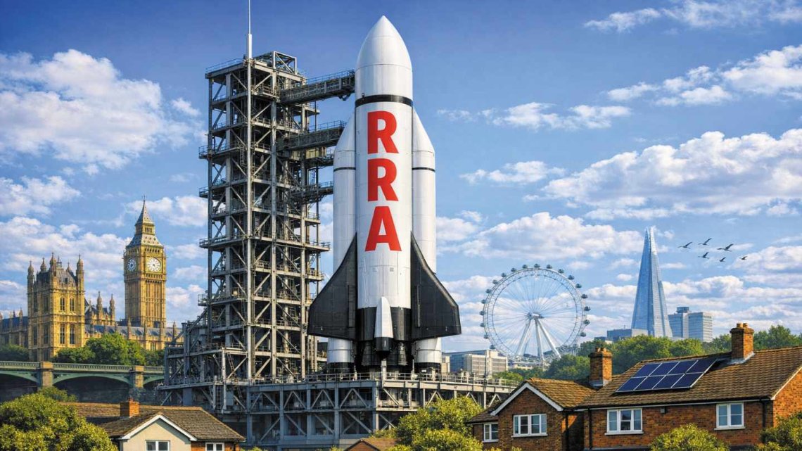 A white rocket branded “RRA” stands poised on a launchpad against a sunny London skyline, with Big Ben, the London Eye and housing symbolising the coming Renters’ Rights Act launch.