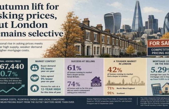 London terraced houses and skyline illustrating rising asking prices, increased supply and a more selective property market.