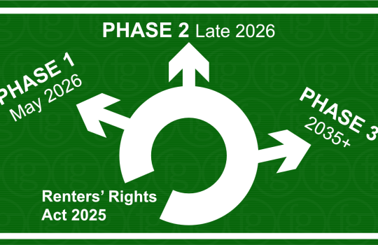 Illustration of a road sign outlining the three phases for implementation of the Renters' Rights Act 2025