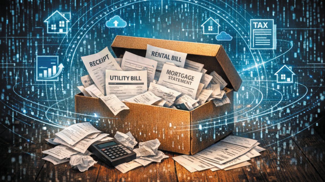 A shoebox overflowing with rental receipts and property bills sits on a desk, surrounded by a digital data matrix and icons representing tax, property and online reporting.