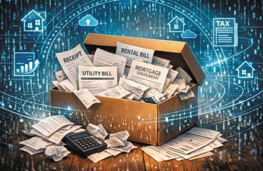 A shoebox overflowing with rental receipts and property bills sits on a desk, surrounded by a digital data matrix and icons representing tax, property and online reporting.