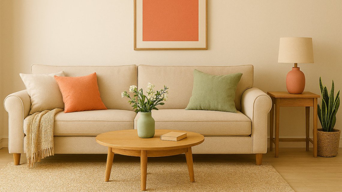 A cozy living room with a neutral sofa, colourful pillows, a wooden coffee table, a lamp, and plants, creating a warm, inviting atmosphere.