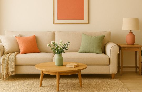 A cozy living room with a neutral sofa, colourful pillows, a wooden coffee table, a lamp, and plants, creating a warm, inviting atmosphere.