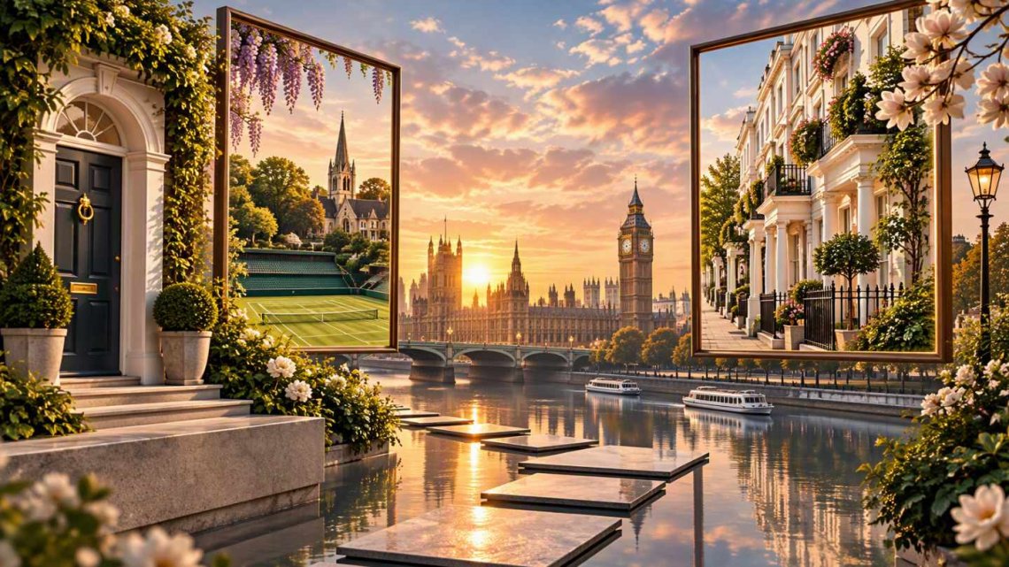 Surreal London property landscape combining Wimbledon greenery, Kensington and Chelsea architecture and the central London skyline.